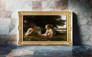 Πίνακας, Mother and child seated in field with tree in background and water in foreground. The mother holds an apple in her hand