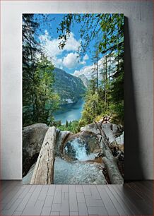 Πίνακας, Mountain Lake View with Waterfall Βουνό θέα στη λίμνη με καταρράκτη