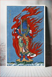 Πίνακας, Mythological blue Buddhist or Hindu figure, full-length, standing on small island among waves, facing right, against backdrop of flames with phoenix head (1878)