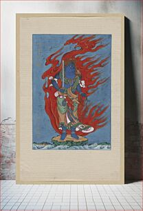 Πίνακας, [Mythological blue Buddhist or Hindu figure, full-length, standing on small island among waves, facing right, against backdrop of flames with phoenix head]