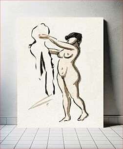 Πίνακας, Naked woman showing her breasts, vintage nude illustration. Standing Female Nude with Drape by Carl Newman