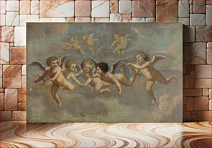 Πίνακας, Nederlands: Een groep van vijf bijelkaar vliegende putti, de putto in het midden wijst naar boven