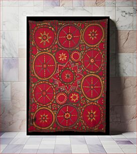 Πίνακας, Newly lined. Red. Circle motifs. Large circles surround smaller ones. Green leaf border. All on red embroidered ground. Six vertical panels embroidered, then joined. Newer tan lining