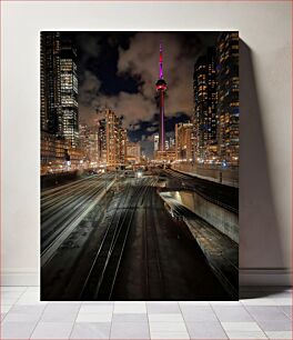 Πίνακας, Nighttime Urban Skyline with Tower and Railway Νυχτερινός Αστικός Ορίζοντας με Πύργο και Σιδηρόδρομο