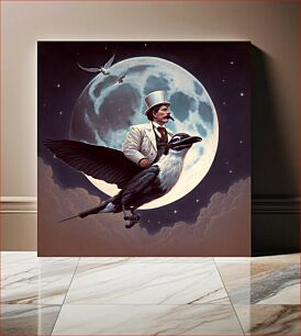 Πίνακας, Nikola Tesla flies on the back of a bird to the moon (2022) chromolithograph art