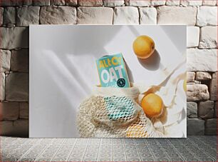 Πίνακας, Oat Milk and Oranges in Mesh Bag Γάλα βρώμης και πορτοκάλια σε διχτυωτή σακούλα