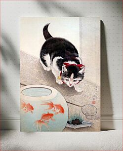 Πίνακας, Ohara koson's Cat and goldfish bowl (1933), vintage animal illustration