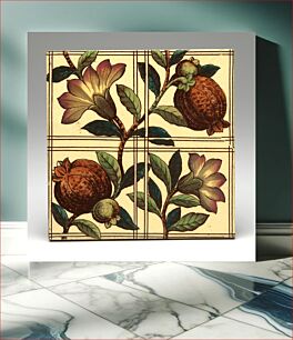 Πίνακας, one branch with 2 pomegranates and flower, another branch with flower in one corner; grid design; multicolored transfer decoration on cream ground