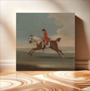 Πίνακας, One of Four Portraits of Horses - a Chestnut Racehorse Exercised by a Trainer in a Red Coat: galloping to the left, the horse wearing white sweat covers on head, neck and body