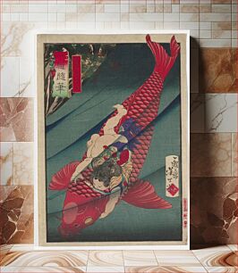 Πίνακας, One sheet; man with a knife in his mouth, with bare lower body, wearing open floral patterned kimono, clinging onto the back of a giant swimming red fish