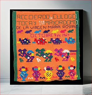 Πίνακας, orange cotton ceremonial "banner"; inscription reads, "Recoerdo de Eulogio Tocay 1er Mayordomo de la Virgen Mario Rosario Octobre 7 de 1967"; four rows of multicolor facsimile of fauna and flora; green selvedge