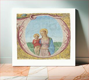 Πίνακας, Ornamented initial O, in which i.a.includes a dragon head.In the initial a standing Madonna with child in landscape.Fragment of miniature manuscript. by unknown