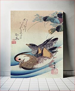 Πίνακας, "Oshidori", trans. "Mandarin Ducks" Color woodcut."Out in a morning wind,Have seen a pair of mandarin ducks parting.Even the best loving couple makes a quarrel."