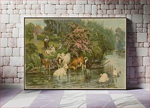 Πίνακας, [Outdoor scene with cows and swans in a lake with a little girl on land with a dog and two cows]