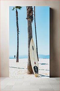 Πίνακας, Palm Trees and Surfboard on a Sandy Beach Φοίνικες και σανίδα του σερφ σε μια αμμώδη παραλία