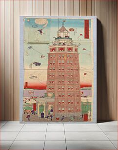 Πίνακας, Parcheesi board: brick tower on street with people looking out of nearly every window; kites flying in sky; man hanging from balloon in UL throwing confetti; people walking, talking, carrying balloons on the str