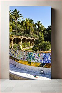 Πίνακας, Park with Palm Trees and Mosaic Bench Πάρκο με Φοίνικες και Μωσαϊκό Πάγκο