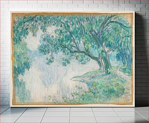 Πίνακας, pastel in blues and greens; trees at right hanging over small lake; gray painted wood frame