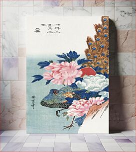 Πίνακας, Peacock and peonies, vintage Japanese woodblock print by Utagawa Hiroshige