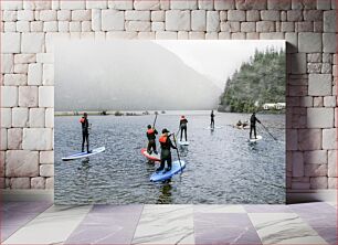 Πίνακας, People Paddleboarding on a Misty Lake Άνθρωποι που κάνουν κωπηλασία σε μια ομιχλώδη λίμνη