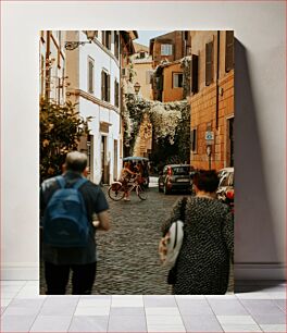 Πίνακας, People Strolling and Cycling in a Quaint Street Άνθρωποι που περπατούν και κάνουν ποδήλατο σε έναν γραφικό δρόμο