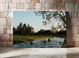 Πίνακας, People Swimming in a Canal Near a White Stupa Άνθρωποι που κολυμπούν σε ένα κανάλι κοντά σε μια λευκή στούπα