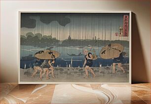 Πίνακας, People walking beneath umbrellas along the seashore during a rainstorm between 1890 and 1940 by Utagawa, Kuniyoshi