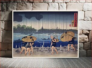 Πίνακας, “People Walking Beneath Umbrellas Along the Seashore During a Rainstorm” by Utagawa Kuniyoshi (1798-1861), a woodcut illustrations of rural people t