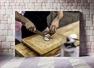 Πίνακας, Person Slicing Mushroom on Cutting Board Πρόσωπο που κόβει μανιτάρια σε σανίδα κοπής