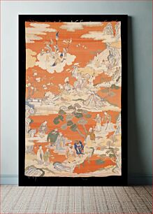 Πίνακας, Picture hanging of soft brick-red kesi representing 'The Feast of Peaches,' a favorite subject with the Chinese