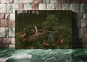 Πίνακας, Pine Trees and Cone Basket in Forest Πεύκα και καλάθι με κώνους στο δάσος