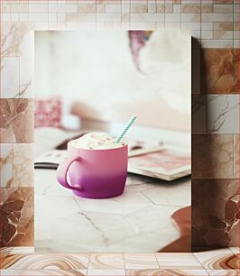Πίνακας, Pink Mug with Straw Ροζ Κούπα με Καλαμάκι