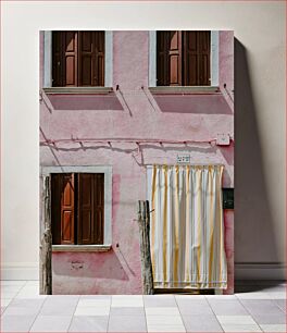 Πίνακας, Pink Wall with Wooden Shutters and Striped Curtain Ροζ τοίχος με ξύλινα παντζούρια και ριγέ κουρτίνα