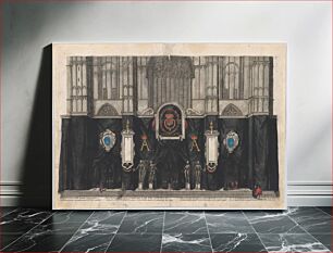 Πίνακας, Plate 1: Figures gathered before a curtained wall, decorated with three armorials with the coat of arms and symbols celebrating Archduke Albert, four skeletons on pedestals at center, gothic facade in background