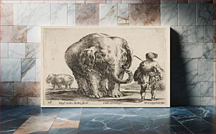 Πίνακας, Plate 16: an elephant in center, his mahout standing to the right wearing an Oriental costume, another elephant to left in background, from 'Diversi capricci'