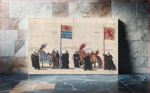 Πίνακας, Plate 37: Men with heraldic flags and horses from Zeeland and Holland marching in the funeral procession of Archduke Albert of Austria; from 'Pompa Funebris
