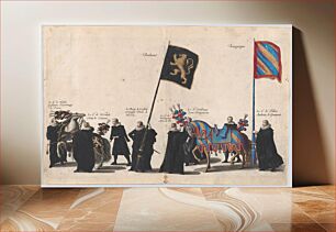 Πίνακας, Plate 45: Men with heraldic flags and horses from the House of Brabant and Burgundy marching in the funeral procession of Archduke Albert of Austria; from 'Pompa Funebris