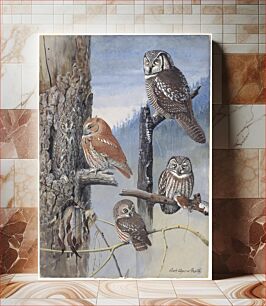Πίνακας, Plate 47: Hawk Owl, Schreech Owl, Richardson's Owl, Saw-whet Owl by Louis Agassiz Fuertes