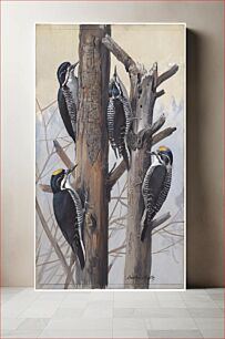 Πίνακας, Plate 50: Arctic Three-toed Woodpecker, Three-toed Woodpecker by Louis Agassiz Fuertes