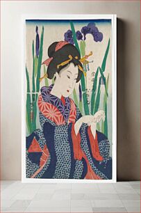 Πίνακας, Portrait of a woman holding the wings of an origami crane in her hands; woman wears dark blue kimono with light blue circular pattern, with red and purple patterned collars; very large, slightly abstracted purpl