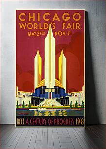 Πίνακας, Poster for Century of Progress World's Fair showing exhibition buildings with boats on water in foreground