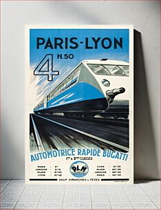 Πίνακας, Poster of the former PLM railway: Paris-Lyon 4h50 Automotrice rapide Bugatti
