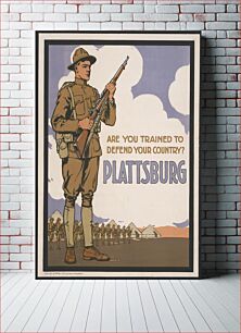 Πίνακας, Poster showing a soldier with troops and tents in the background, presumably the Military Training Camp in Plattsburgh, N.Y