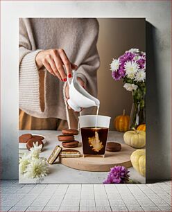 Πίνακας, Pouring Milk into Coffee with Cookies and Flowers Ρίχνοντας γάλα στον καφέ με μπισκότα και λουλούδια