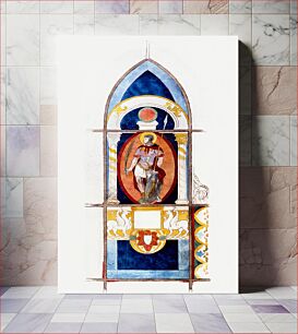 Πίνακας, Prosper Lafaye's Dessin de vitrail de Saint Victor: Saint armé dans une mandorle orangé sous une arche (1845-1875)