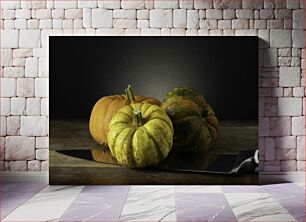 Πίνακας, Pumpkins and Knife on Wooden Surface Κολοκύθες και μαχαίρι σε ξύλινη επιφάνεια