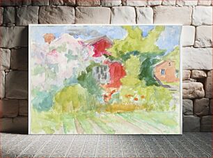 Πίνακας, Rakennuksia puiden keskellä, etualla peltosarkoja, Maria Wiik