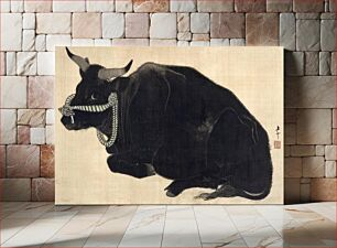 Πίνακας, Reclining bull (1830s) vintage Japanese painting by Mihata Joryu