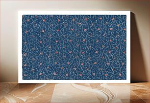 Πίνακας, Rectangular blue fabric with white vines and alternating lines of red and brown dots; fragment sewn on one side, folded on other; open top and bottom, hemmed edge along bottom