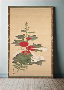 Πίνακας, Red hollyhock at center, with several buds at top; white lily with two buds and one full blossom lower portion of scroll in front of hollyhock